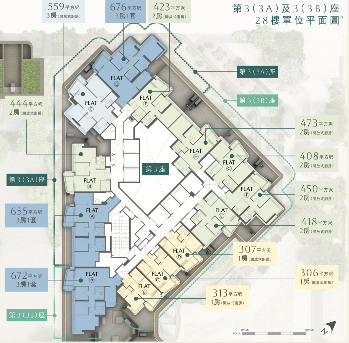 第 3(3A)及 3(3B)座 28 樓單位平面圖,涵蓋 1 房至 3 房各式戶型及實用面積